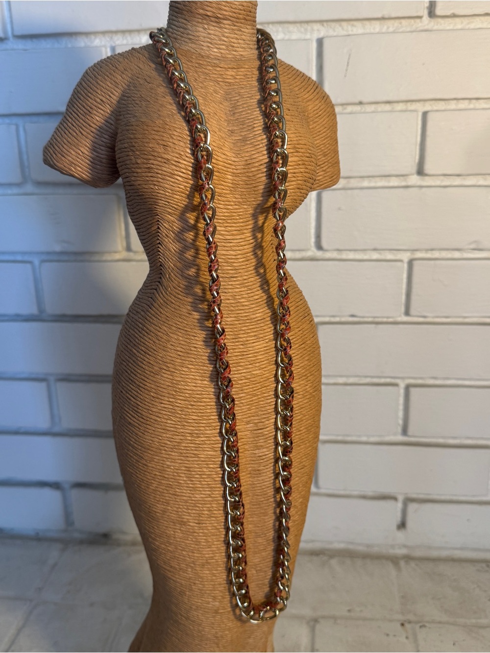 VINTAGE GUESS Long Gold Chain & Snake / Leopard Print Leather Woven Necklace